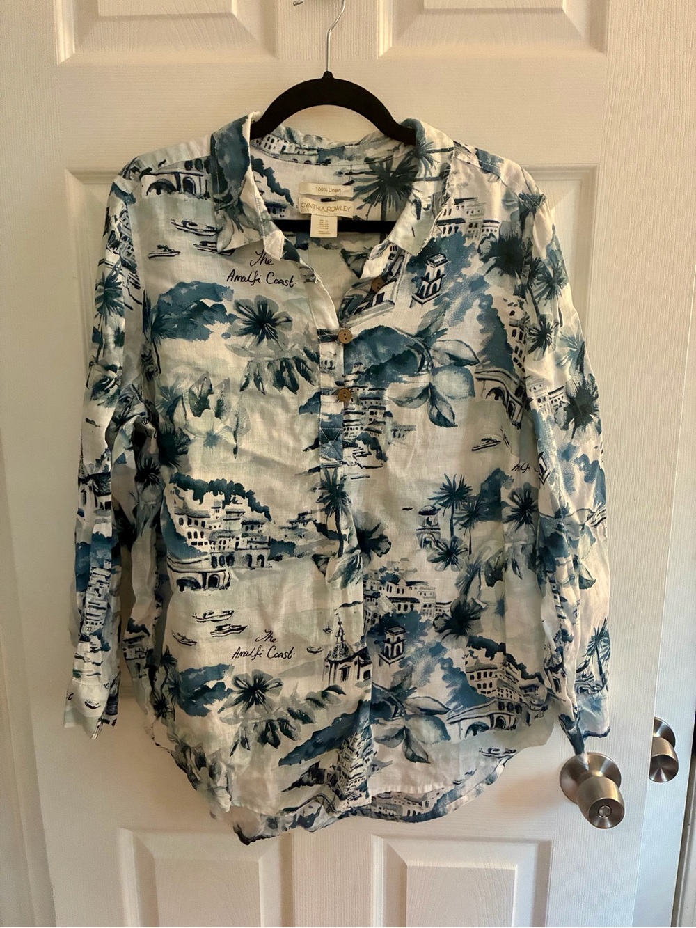 Cynthia Rowley Blue and White Coastal Print Button-Down Shirt